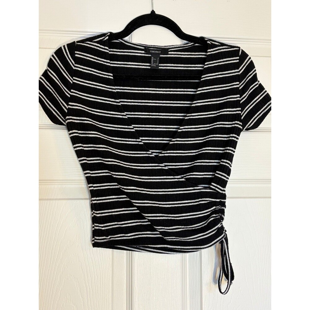 Forever 21 Small S Black & White Striped Wrap Top with Side-tie Detailing Casual